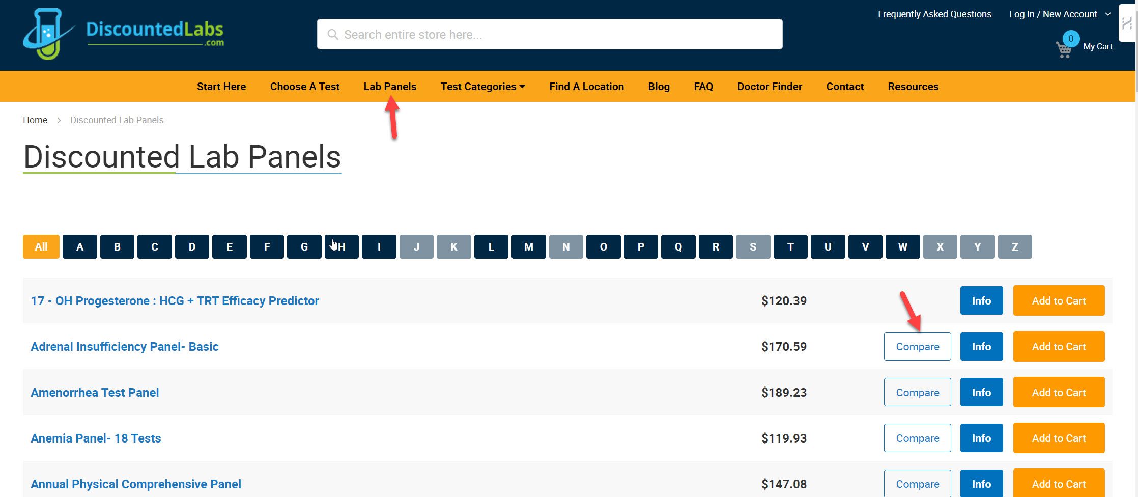 compare lab panels on DiscountedLabs